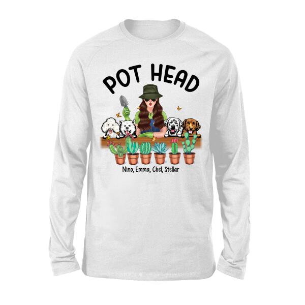 Personalized Shirt, Pot Head Gardening Woman with Dogs, Gift For Gardeners And Dog Lovers