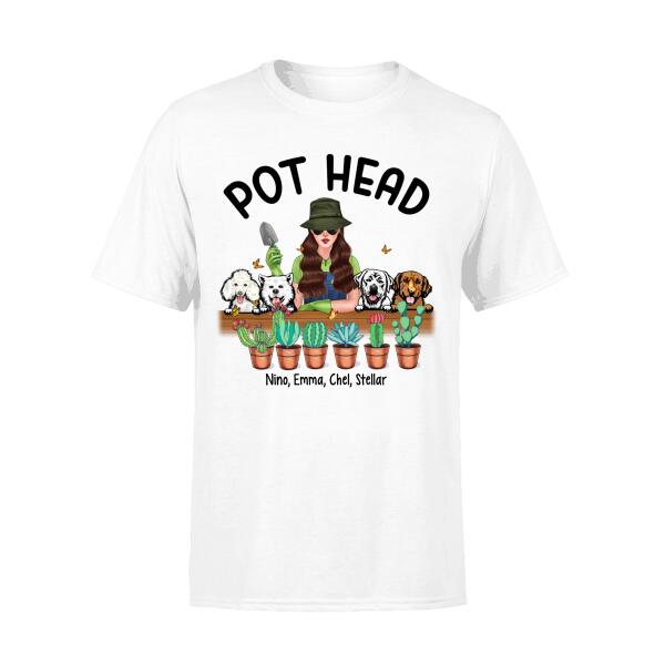 Personalized Shirt, Pot Head Gardening Woman with Dogs, Gift For Gardeners And Dog Lovers