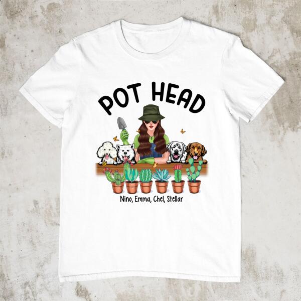 Personalized Shirt, Pot Head Gardening Woman with Dogs, Gift For Gardeners And Dog Lovers