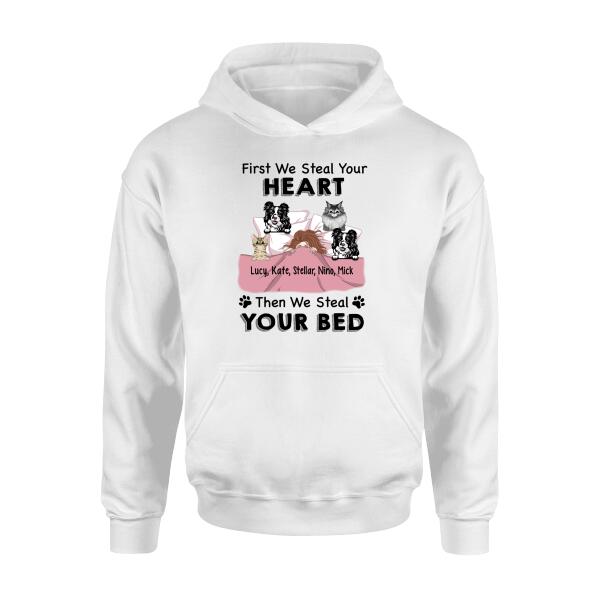 Personalized Shirt, Up To 4 Pets, Steal Your Heart Then Steal Your Bed, Gift For Dog And Cat Lovers