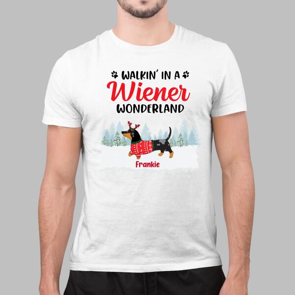 Personalized Shirt, Walkin' in a Wiener Wonderland, Christmas Gifts For Dachshund and Dog Lovers