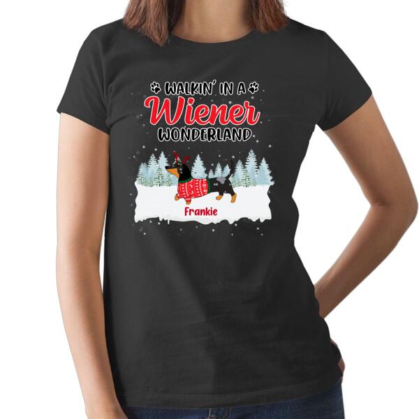 Personalized Shirt, Walkin' in a Wiener Wonderland, Christmas Gifts For Dachshund and Dog Lovers