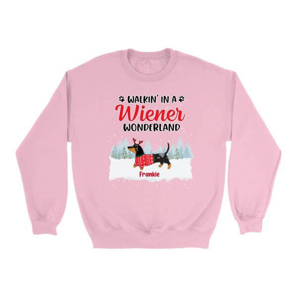 Personalized Shirt, Walkin' in a Wiener Wonderland, Christmas Gifts For Dachshund and Dog Lovers