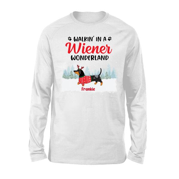 Personalized Shirt, Walkin' in a Wiener Wonderland, Christmas Gifts For Dachshund and Dog Lovers