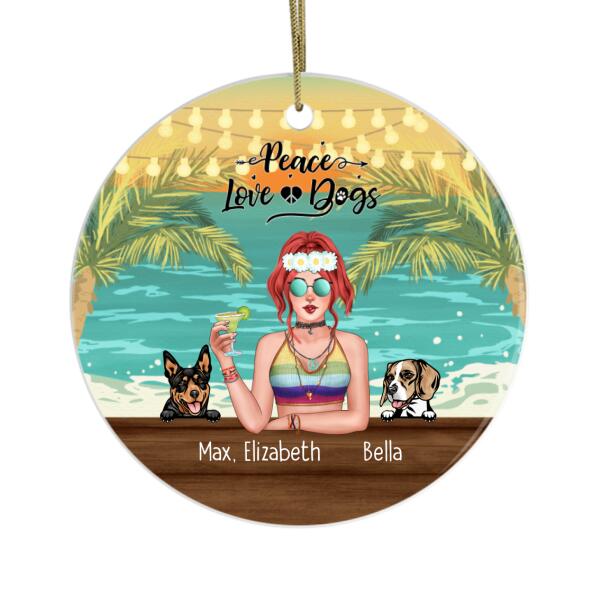 Personalized Metal Ornament, Hippie Girl with Dogs On The Beach, Christmas Gifts For Hippie and Dog Lovers