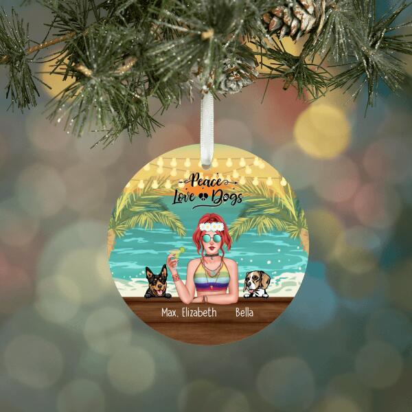 Personalized Metal Ornament, Hippie Girl with Dogs On The Beach, Christmas Gifts For Hippie and Dog Lovers