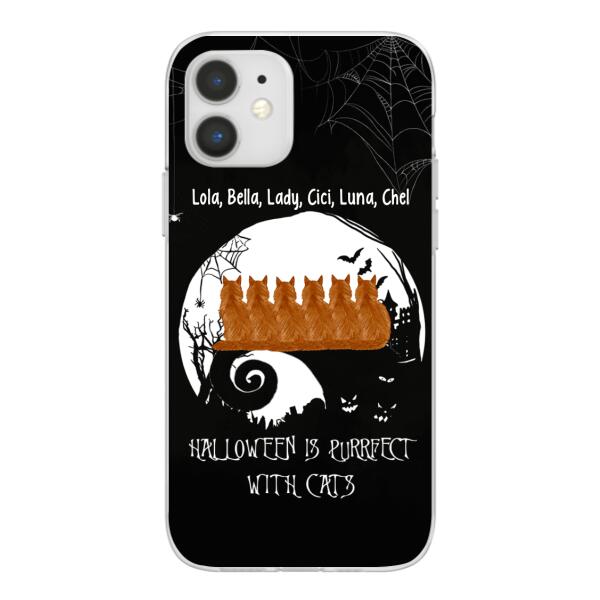 Personalized Phone Case, Up To 6 Cats, Halloween Is Purrfect With Cats - Halloween Gift, Gift For Cat Lovers