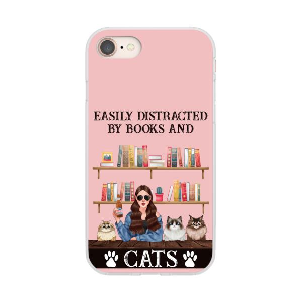 Personalized Phone Case, Easily Distracted By Books And Cats, Gifts For Book Lovers, Cat Lovers