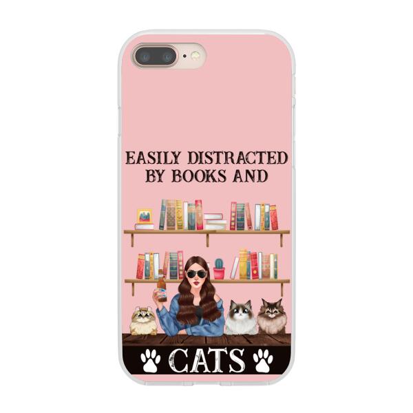 Personalized Phone Case, Easily Distracted By Books And Cats, Gifts For Book Lovers, Cat Lovers