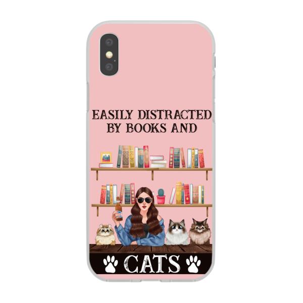 Personalized Phone Case, Easily Distracted By Books And Cats, Gifts For Book Lovers, Cat Lovers