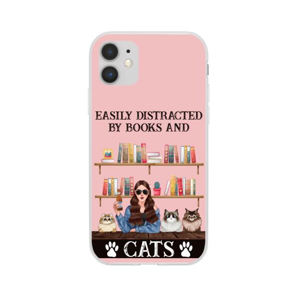 Personalized Phone Case, Easily Distracted By Books And Cats, Gifts For Book Lovers, Cat Lovers