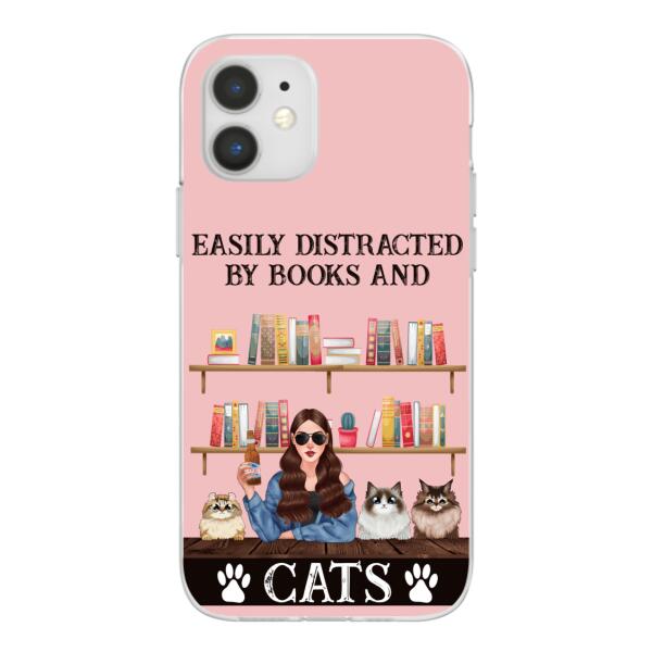 Personalized Phone Case, Easily Distracted By Books And Cats, Gifts For Book Lovers, Cat Lovers