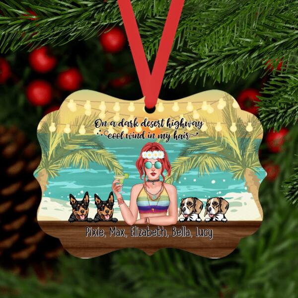 Personalized Metal Ornament, Hippie Girl with Dogs On The Beach, Christmas Gifts For Hippie and Dog Lovers