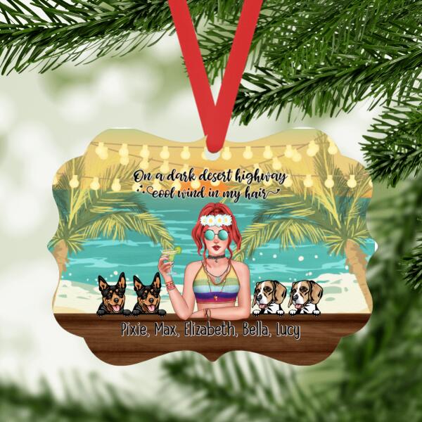 Personalized Metal Ornament, Hippie Girl with Dogs On The Beach, Christmas Gifts For Hippie and Dog Lovers