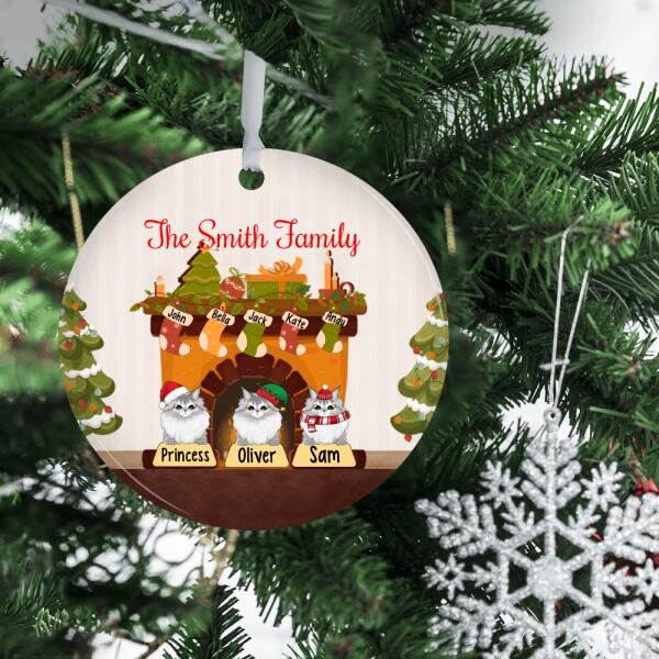 Personalized Ornament, Christmas Family Fireplace With Cats, Christmas Family Gift, Cat Lovers