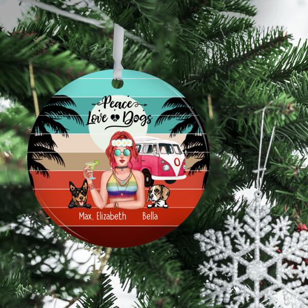 Personalized Ornament, Hippie Girl with Dogs, Christmas Gift For Dog and Hippie Lovers