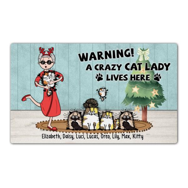 Warning a Crazy Cat Lady Lives Here - Christmas Personalized Gifts Custom Cat Doormat for Grandpa, Cat Lovers