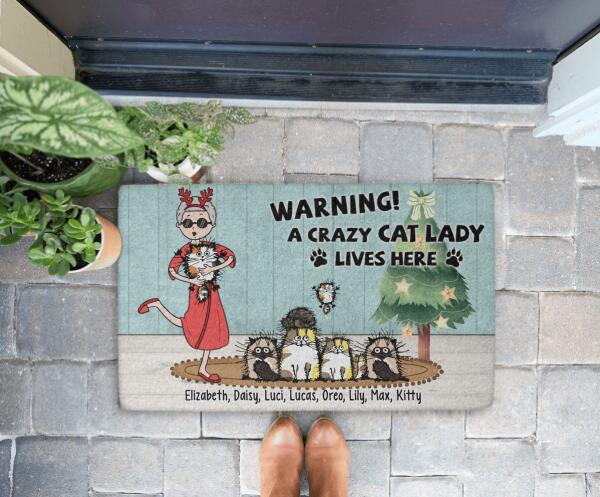 Warning a Crazy Cat Lady Lives Here - Christmas Personalized Gifts Custom Cat Doormat for Grandpa, Cat Lovers