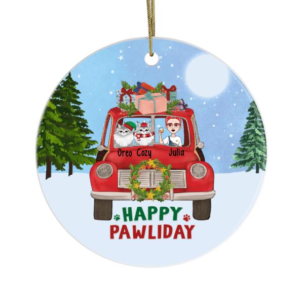 Personalized Ornament, Woman and Cats On Christmas Car, Christmas Gift For Cat Lovers