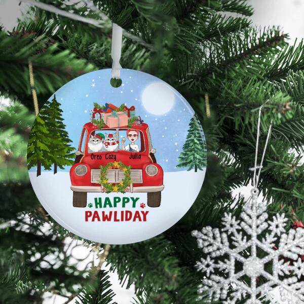 Personalized Ornament, Woman and Cats On Christmas Car, Christmas Gift For Cat Lovers