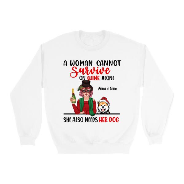 Personalized Shirt, A Woman Cannot Survive On Wine Alone, Christmas Gift for Wine and Dog Lovers