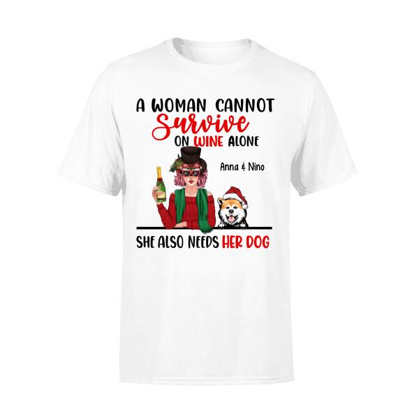 Personalized Shirt, A Woman Cannot Survive On Wine Alone, Christmas Gift for Wine and Dog Lovers