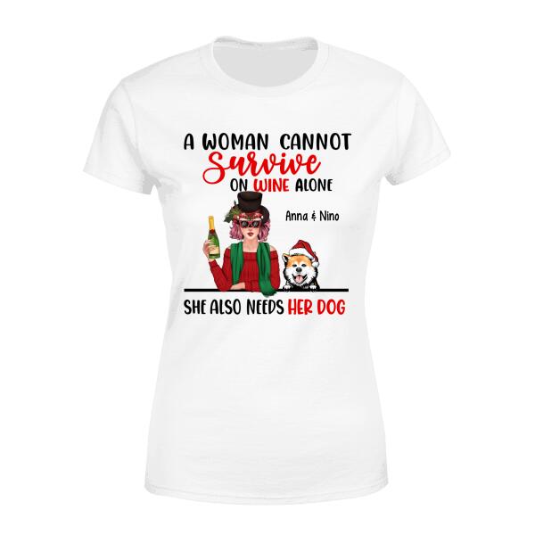 Personalized Shirt, A Woman Cannot Survive On Wine Alone, Christmas Gift for Wine and Dog Lovers