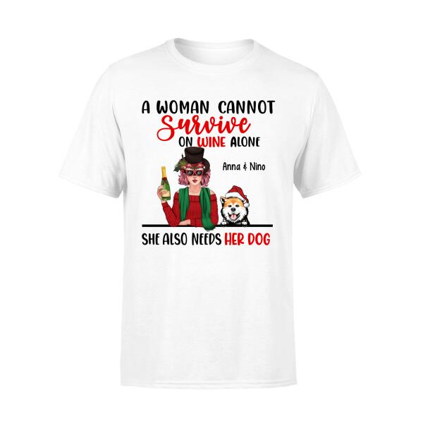 Personalized Shirt, A Woman Cannot Survive On Wine Alone, Christmas Gift for Wine and Dog Lovers