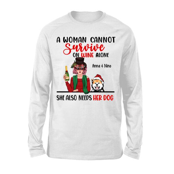 Personalized Shirt, A Woman Cannot Survive On Wine Alone, Christmas Gift for Wine and Dog Lovers