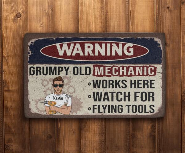 Warning Grumpy Old Mechanic - Personalized Gifts - Custom Mechanic Door Sign for Dad, Mechanic Gifts