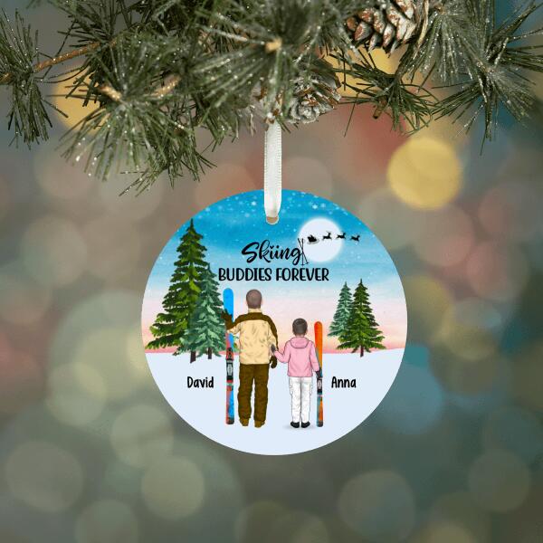 Personalized Metal Ornament, Skiing Man and Kid, Gifts for Ski Lovers