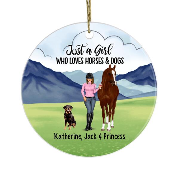 Personalized Metal Ornament - Woman Standing With Horse and Dogs Custom Christmas Gift For Horse Lover Dog Lovers