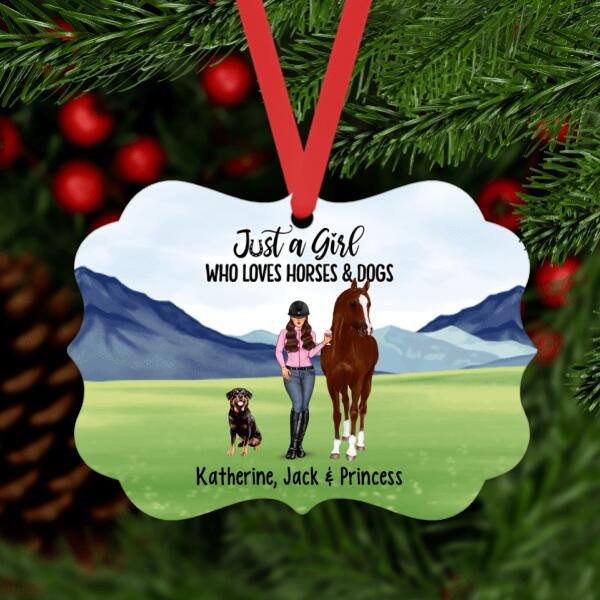 Personalized Metal Ornament - Woman Standing With Horse and Dogs Custom Christmas Gift For Horse Lover Dog Lovers