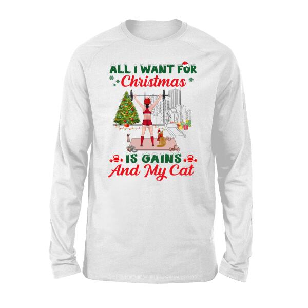 Personalized Shirt, All I Want For Christmas Is Gains And My Cats, Christmas Gift For Fitness Lovers And Cat Lovers