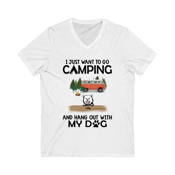 Personalized T-Shirt, Up to 6 Dogs, I Just Want To Go Camping and Hang Out With Dogs, Gift for Campers and Dog Lovers