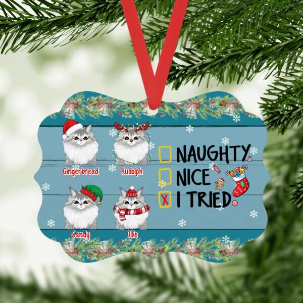 Personalized Metal Ornament, Up To 4 Cats, Naughty Nice I Tried, Christmas Gift For Cat Lovers