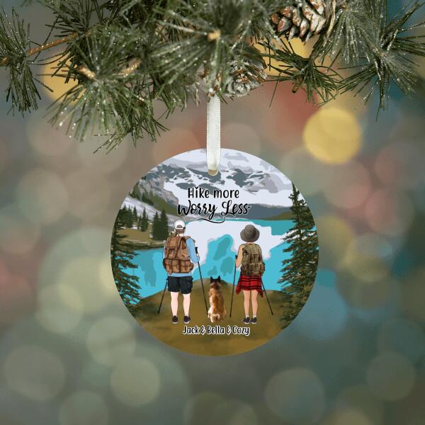 Personalized Ornament, Couple Hiking With Dogs, Gift for Hikers, Dog Lovers