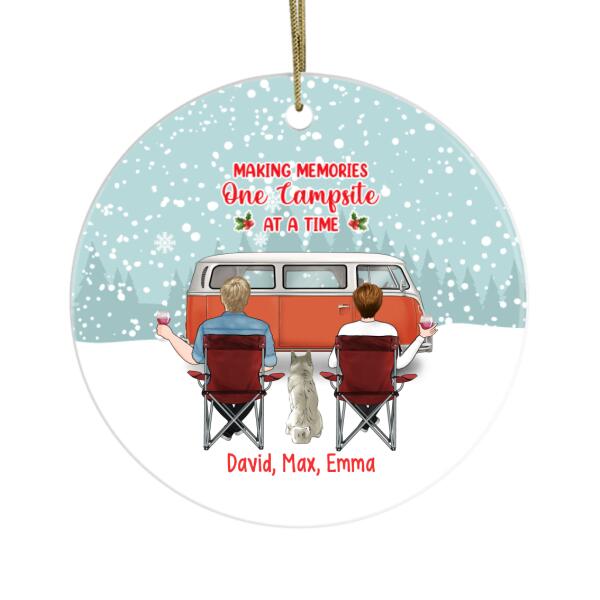 Personalized Metal Ornament, Camping Couple With Dogs, Christmas Gift For Campers And Dog Lovers