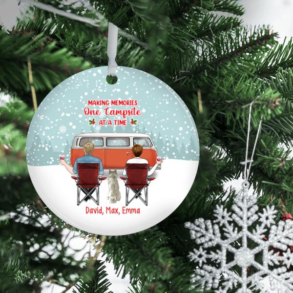 Personalized Metal Ornament, Camping Couple With Dogs, Christmas Gift For Campers And Dog Lovers