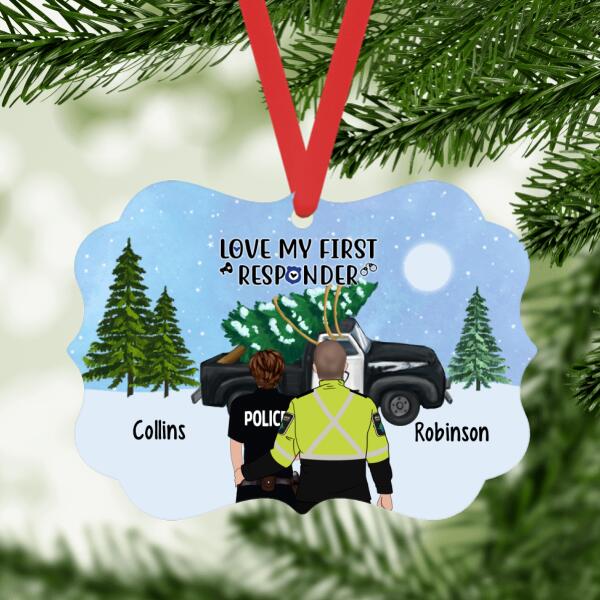 Personalized Metal Ornament, Police Couple By Police Car With Christmas Tree, Christmas Gift For Police Officer, Couple