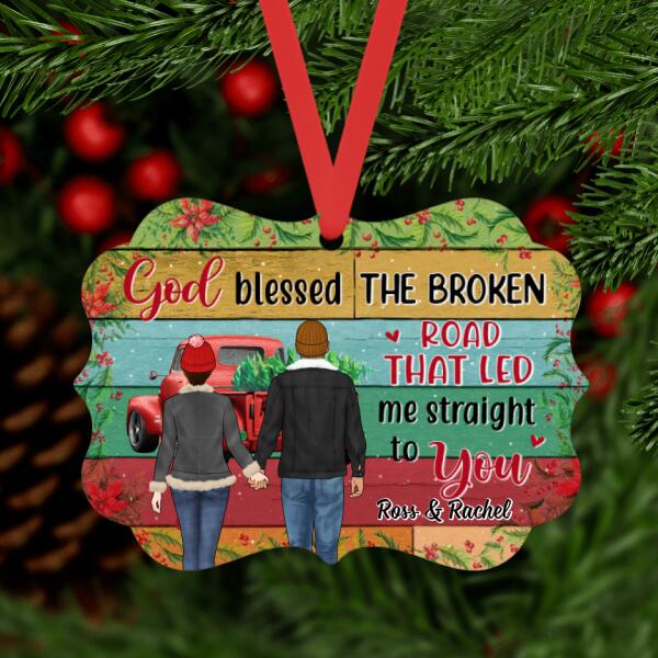 Personalized Metal Ornament, God Blessed The Broken Road That Led Me Straight To You, Couple Holding Hands, Red Truck, Christmas Gift For Couples