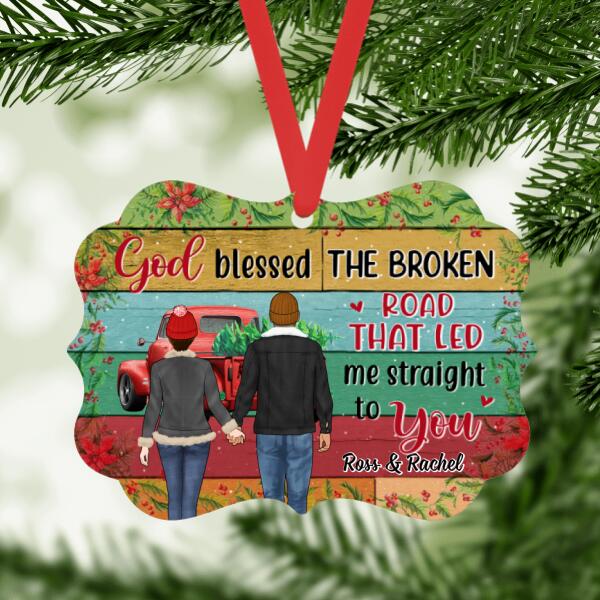 Personalized Metal Ornament, God Blessed The Broken Road That Led Me Straight To You, Couple Holding Hands, Red Truck, Christmas Gift For Couples