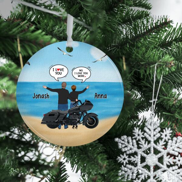 Personalized Ornament, Couple In Conversation While Standing By Motorcycle, Gifts For Motorcycle Lovers