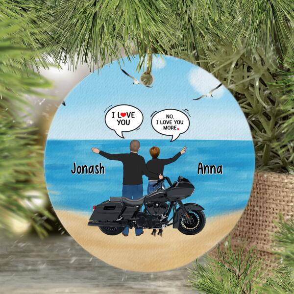 Personalized Ornament, Couple In Conversation While Standing By Motorcycle, Gifts For Motorcycle Lovers