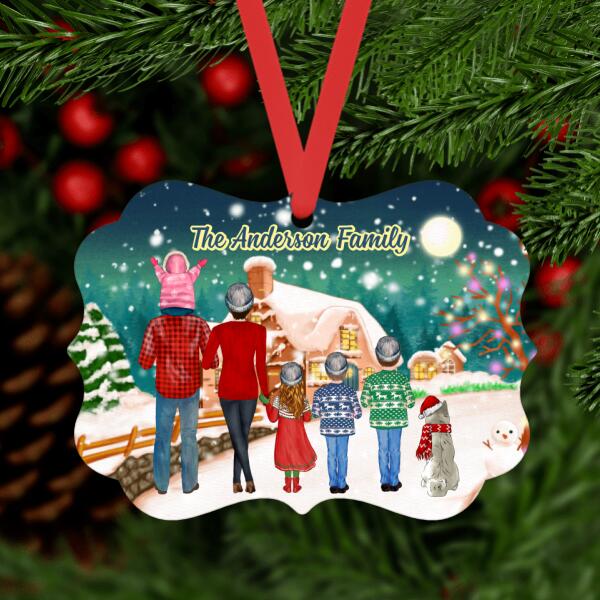 Personalized Ornament, Christmas Family Standing with Dogs, Christmas Gift For Family and Dog Lovers