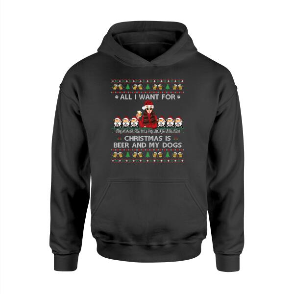 Personalized Shirt, Up To 6 Dogs, All I Want For Christmas Is Beer and My Dogs, Girl Drinking Beer With Dogs, Christmas Gift For Dog Lovers