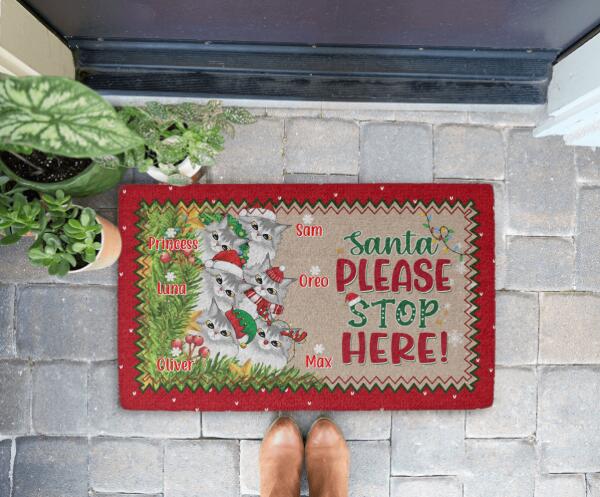 Santa, Please Stop Here - Christmas Personalized Gifts Custom Cat Doormat for Family, Cat Lovers