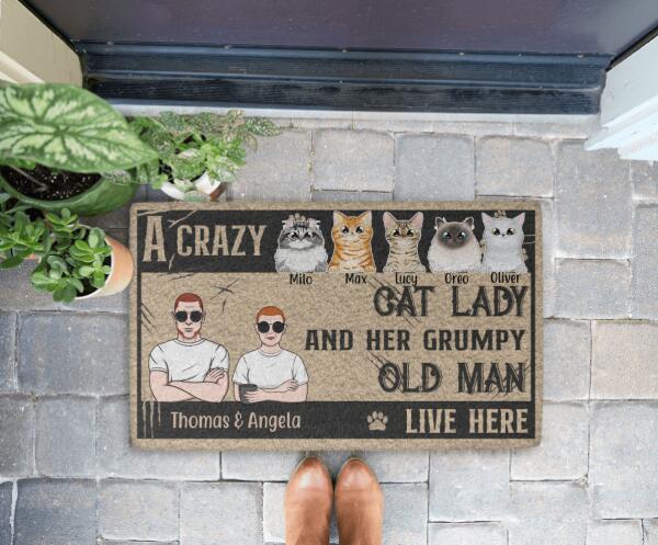 A Crazy Cat Lady and Her Grumpy Old Man - Personalized Gifts Custom Cat Doormat for Family, Cat Lovers