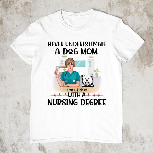 Never Underestimate a Dog Mom with a Nursing Degree - Personalized Gifts Custom Dog Shirt for Dog Mom, Dog Lovers