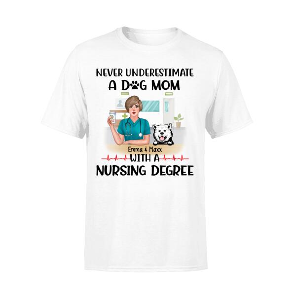 Never Underestimate a Dog Mom with a Nursing Degree - Personalized Gifts Custom Dog Shirt for Dog Mom, Dog Lovers